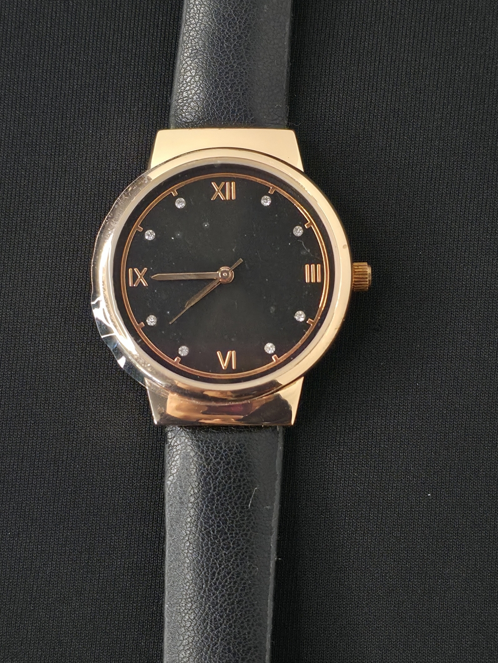 LBVYR Yves Rocher Women's Rose Gold Black Leather Quartz Watch Crystal Accent
